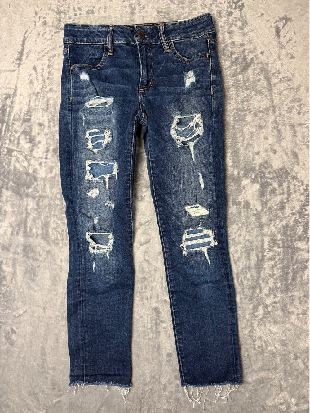 American Eagle Jeggings Crop Distressed Super Stretch Blue Denim Jeans Size 4